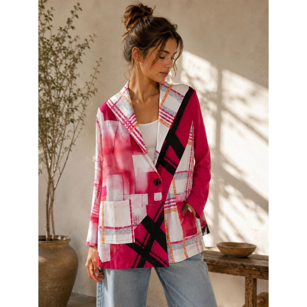 Lemon Grass NWT Abstract Art Print light fall Jacket shirt Pink Black S